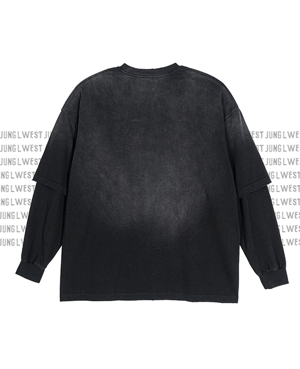 Black long-sleeve shirt on a white background with 'GLWEST' branding.