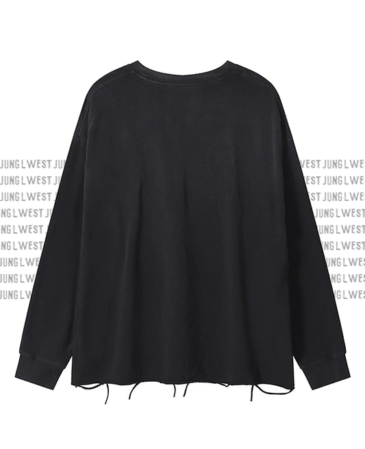 Black sweatshirt with tassels on a white background with 'JUNG LWEST' branding.