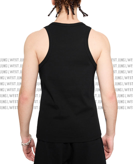 Person wearing a black tank top with a white background featuring 'JUNG LWEST' branding.