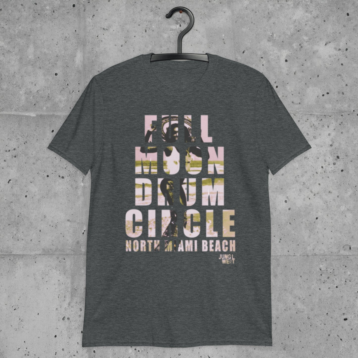 JLW 1.20 Short-Sleeve Unisex T-Shirt | Full Moon Drum Circle Miami Beach | White, Dark Heather - JUNG L WEST