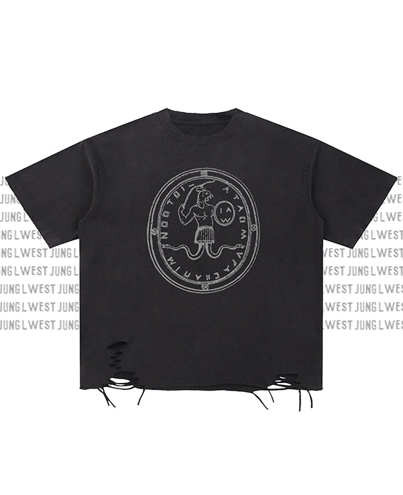 Black t-shirt with a white graphic design on a white background