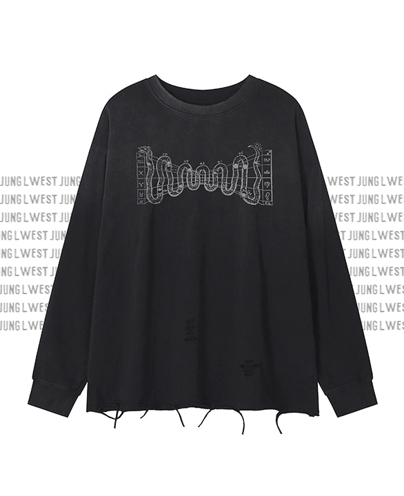 Black sweatshirt with white text design on a white background with 'JUNG WEST' branding.