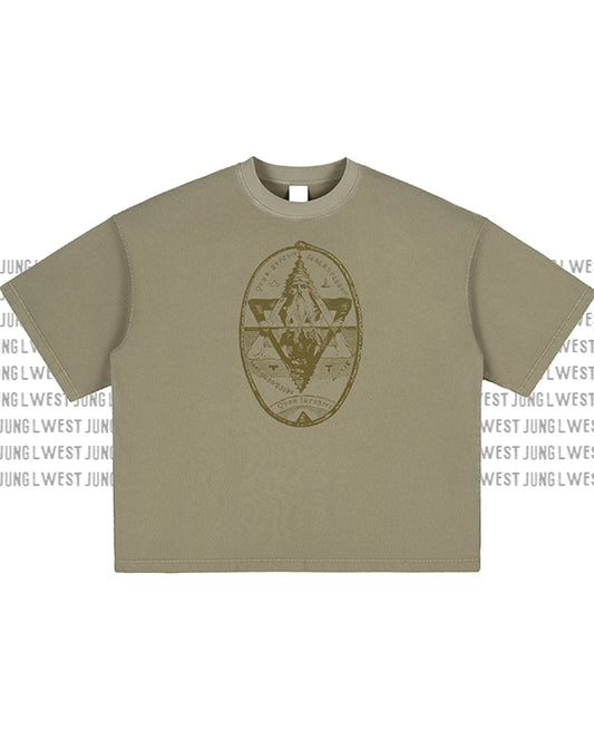 Khaki t-shirt with a graphic design on a white background