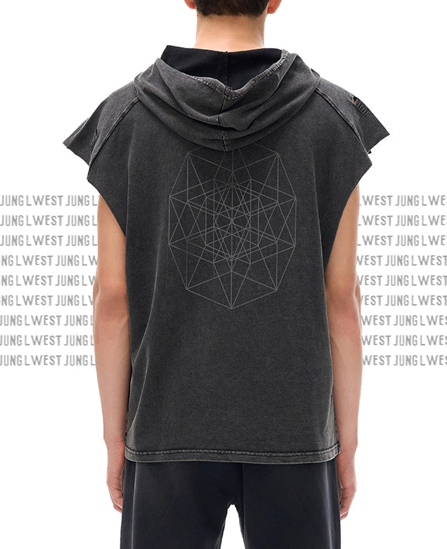 Person wearing a black sleeveless hoodie with geometric design on a white background