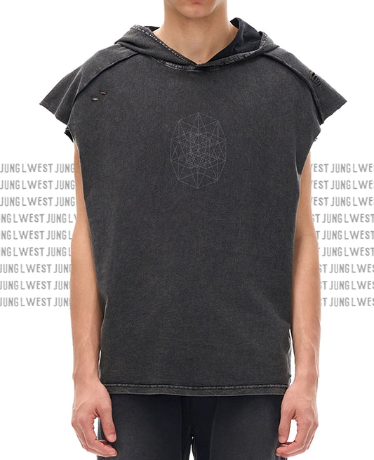 Person wearing a dark gray sleeveless hoodie with geometric design on a white background