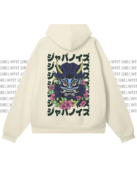 Beige hoodie with a dragon design and Japanese text on the back, brand 'JUNG WEST' visible.