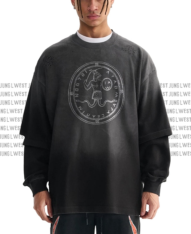Male Model wearing a black sweatshirt with a Junglwest graphic design on a white background