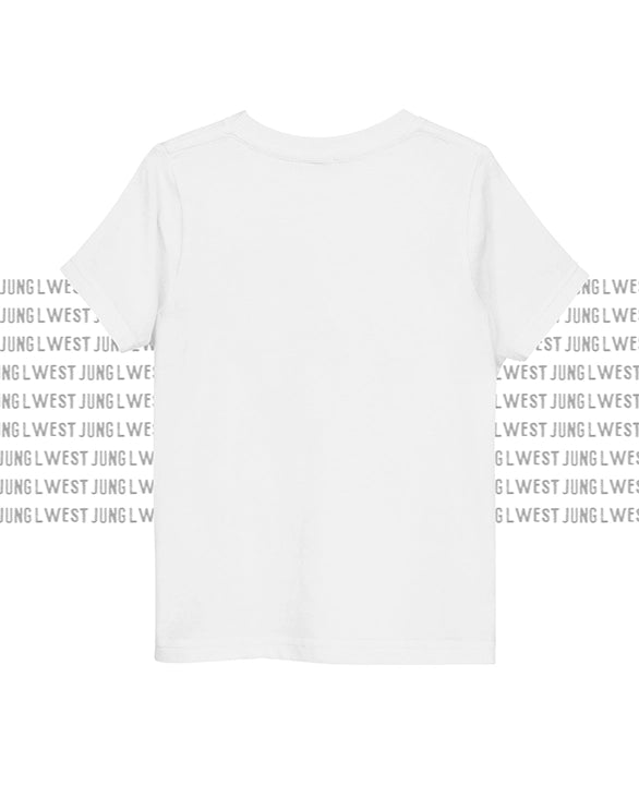 White t-shirt with black text pattern on a white background
