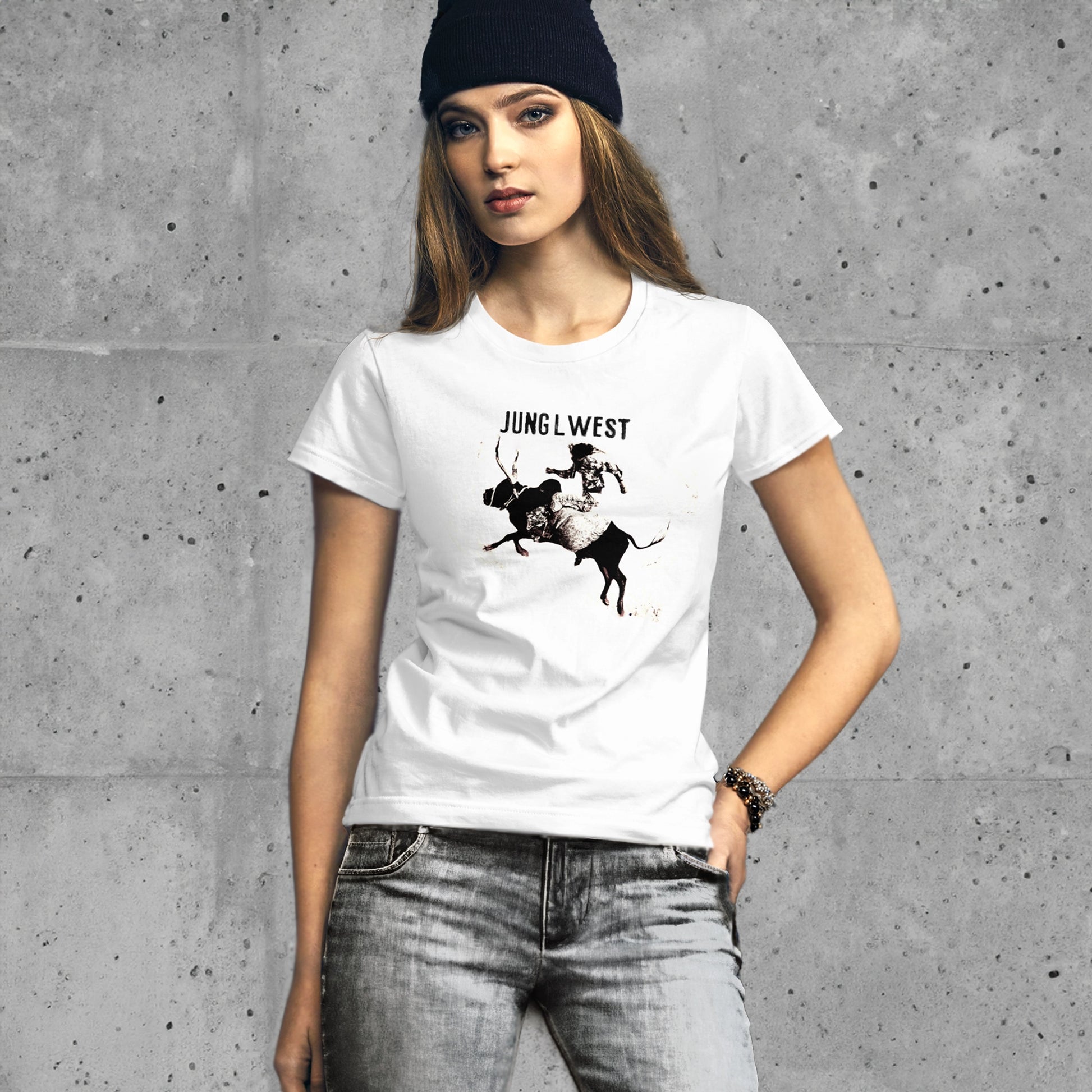 Jung L West Graphic T-Shirt Bull Rider Artwork Female Fashion Fit White