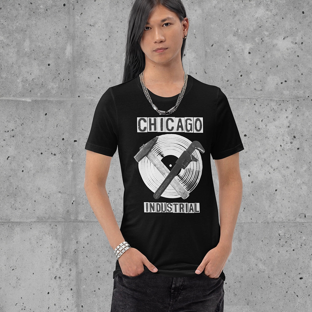 Jung L West Unisex Staple Cotton Tee Chicago Industrial Heather Black Front Model