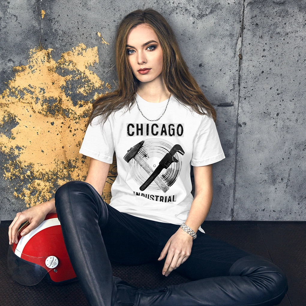 Jung L West Unisex Staple Cotton Tee Chicago Industrial White Front Model