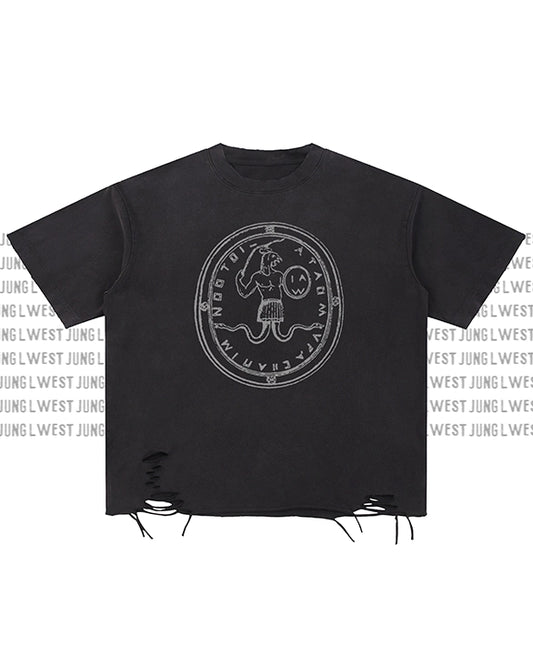 Black t-shirt with a white graphic design on a white background