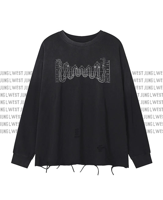 Black sweatshirt with white text design on a white background with 'JUNG WEST' branding.