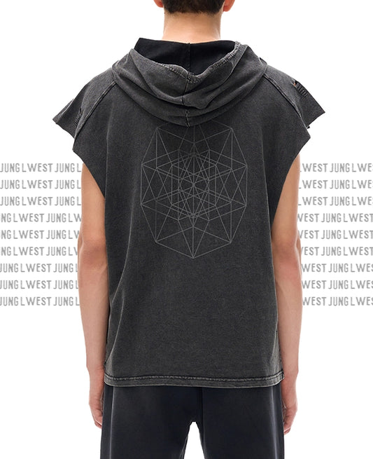 Person wearing a black sleeveless hoodie with geometric design on a white background