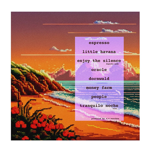 Pixelated beach scene with text overlay on a white background