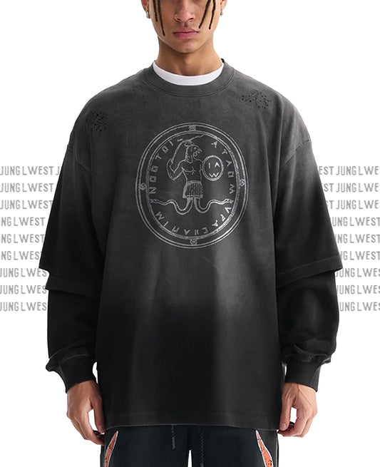 Male Model  wearing a black sweatshirt with a Junglwest graphic design on a white background
