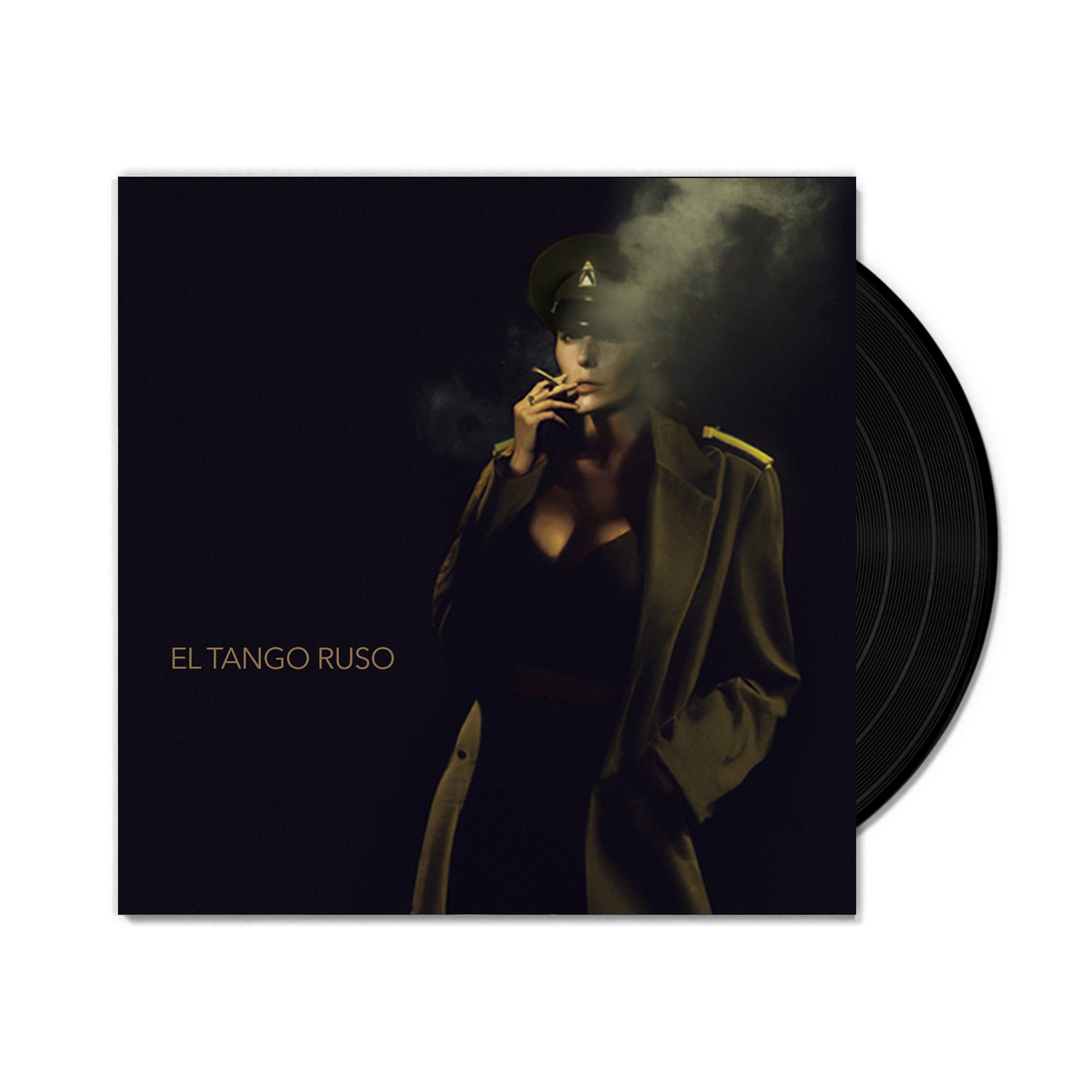 Vinyl record cover with a person in military attire and smoke, featuring 'El Tango Ruso'.